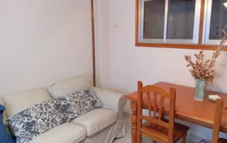 la sala de estar de un apartamento amueblado, que incluye un sofá, una mesa y una silla