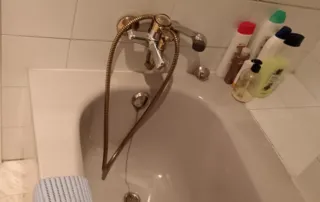 bañera con grifería bimando dorada de estilo clásico, equipada con una manguera y alcachofa de ducha a juego